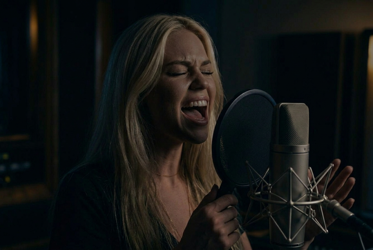 Micky singing into a Neumann U87 microphone in the studio